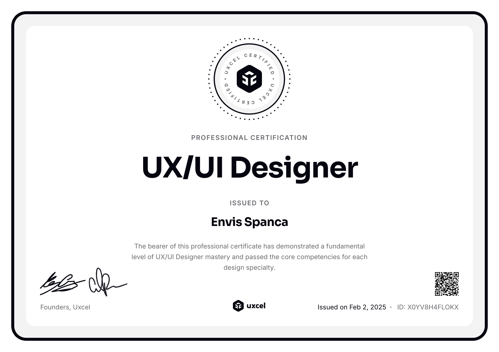 Envis Spanca's certificate